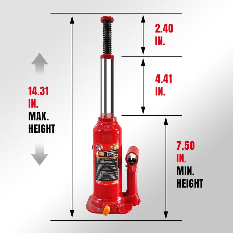 BIG RED T90403B-1 Torin Hydraulic Welded Bottle Jack, 4 Ton (8,000 lb) Capacity, Red - Image 2
